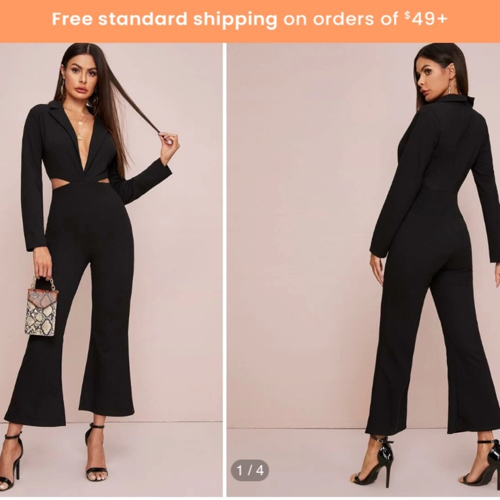 NWOT Side Cut Out Ankle Jumpsuit. Lapel V-Neck. Black. Zipper Long Sleeve